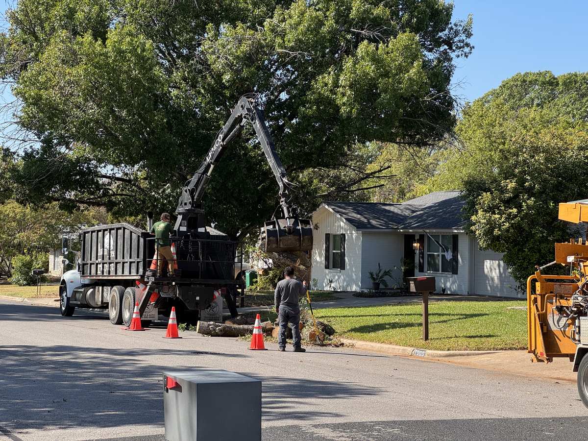 Grapple truck loading tree debris on a residential street in Austin
